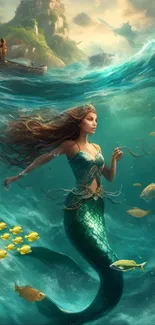 Enchanting mermaid glides through vibrant ocean waters surrounded by fish.