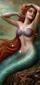 Fantasy mermaid with teal tail on a rock, surrounded by ocean elements.