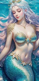 Enchanting mermaid with flowing hair in turquoise waters.