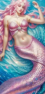 Enchanting mermaid with pink hair and scales in a vibrant ocean setting.