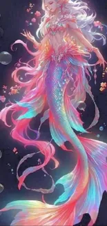 Fantasy mermaid in vibrant colors, swimming gracefully against a dark background.