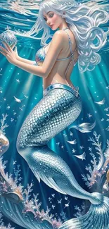 Fantasy mermaid swimming in vibrant ocean.