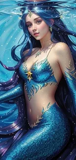 Enchanting mermaid in a blue underwater scene art wallpaper.