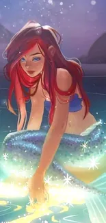 Magical mermaid in a glowing night ocean with sparkling effects and vibrant colors.