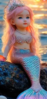 Mermaid doll on rocky shore at sunset.