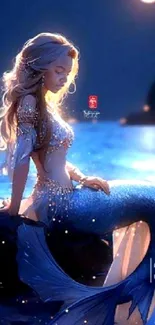 Mystical mermaid under a moonlit sky by the ocean.