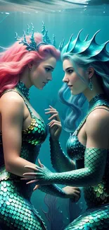 Vibrant fantasy mermaid duo underwater wallpaper with teal and pink hues.