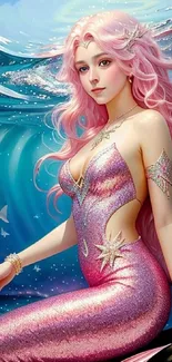 Mermaid with pink hair and ocean background.