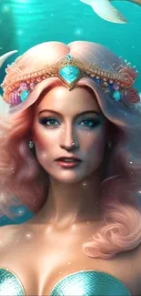 Fantasy art of an enchanting mermaid with pink hair and ocean background.