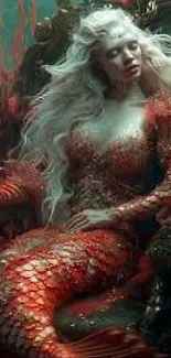 A mystical mermaid with coral scales in an underwater scene.