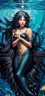 Mobile wallpaper with enchanting fantasy mermaid art in oceanic hues.