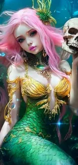 Fantasy mermaid with pink hair and a skull in an underwater scene.