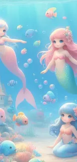 Enchanting mermaids in a pastel ocean fantasy scene with castle.