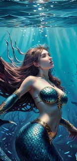 A mystical mermaid shines underwater in vibrant fantasy art.