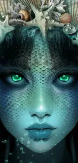 Mystical mermaid with green eyes and oceanic elements on a fantasy art wallpaper.