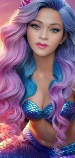 Whimsical mermaid with vibrant purple and blue hair on a fantasy wallpaper.