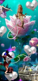 Mermaid fantasy art with ocean blue, pink roses, and silver accents on mobile wallpaper.