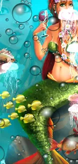 Whimsical mermaid fantasy art with vibrant marine life and colorful details.