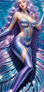 Beautiful mermaid with purple hair against a blue underwater background.