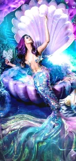 Enchanting mermaid in a vibrant seashell setting wallpaper.