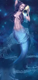 Fantasy mermaid art wallpaper with deep blue hues and celestial elements.