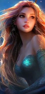 Fantasy mermaid with flowing hair and teal armor in vibrant colors.