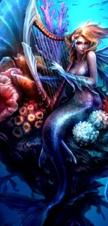 Fantasy mermaid playing harp surrounded by colorful coral in an underwater scene.