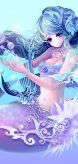 Beautiful fantasy mermaid in light blues and purples with oceanic elements.