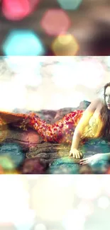 Mermaid fantasy wallpaper with colorful bokeh effects.