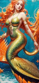 Fantasy artwork of a stunning mermaid with vibrant orange tail.