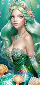 Illustrated mermaid with teal scales in aquatic fantasy setting.