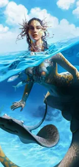 Digital artwork of a mermaid in vibrant blue waters.