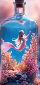 Mermaid in a bottle surrounded by coral.