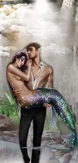 Romantic scene with mermaid and man by a waterfall in fantasy style.