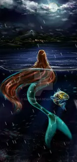 Mermaid and fish under a moonlit night sky in a fantasy setting.