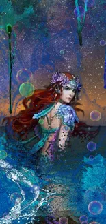 Enchanting mermaid amidst vibrant oceanic hues in a fantasy wallpaper.