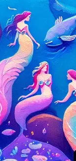 Colorful mermaid and ocean creatures wallpaper scene.