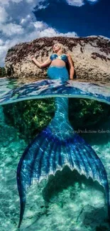 Mermaid with blue tail in vibrant ocean, half above water, surrounded by nature.