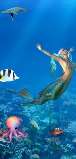 Mermaid swimming in a vibrant underwater scene with colorful sea creatures.