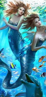 Two mermaids swimming with colorful fish in a vibrant ocean scene.