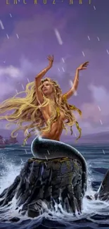 Mermaid with blonde hair sitting on rocks amidst a purple ocean scene.