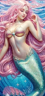 Graceful mermaid with flowing hair in dazzling underwater fantasy art.