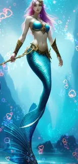 Stunning mermaid with a shimmering tail in an ethereal ocean background.