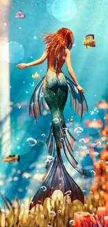 Mermaid swimming in vibrant underwater scene with colorful corals and marine life.