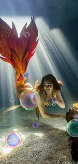 A stunning mermaid with a vibrant tail swims underwater in an ethereal ocean scene.