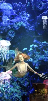 Mermaid swimming with jellyfish in a blue underwater scene.