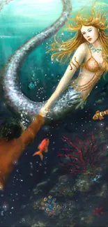 Enchanting mermaid in colorful underwater setting with marine life.