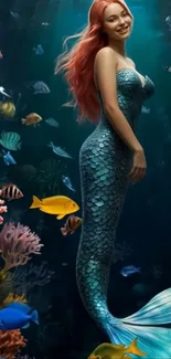 Beautiful mermaid surrounded by vibrant marine life in an enchanting underwater scene.