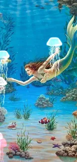 Mermaid exploring a vibrant underwater ocean scene with coral and marine life.