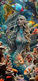 Mermaid in colorful coral reef with fish.